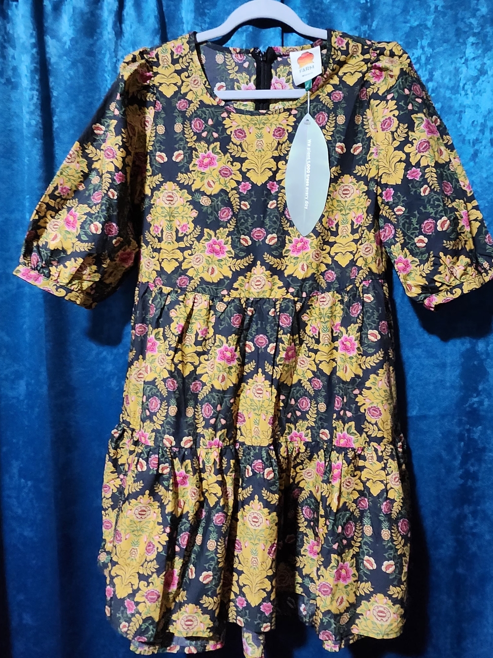 NWT-FARM Rio Black Arabesque Floral Puff Sleeve Mini Dress